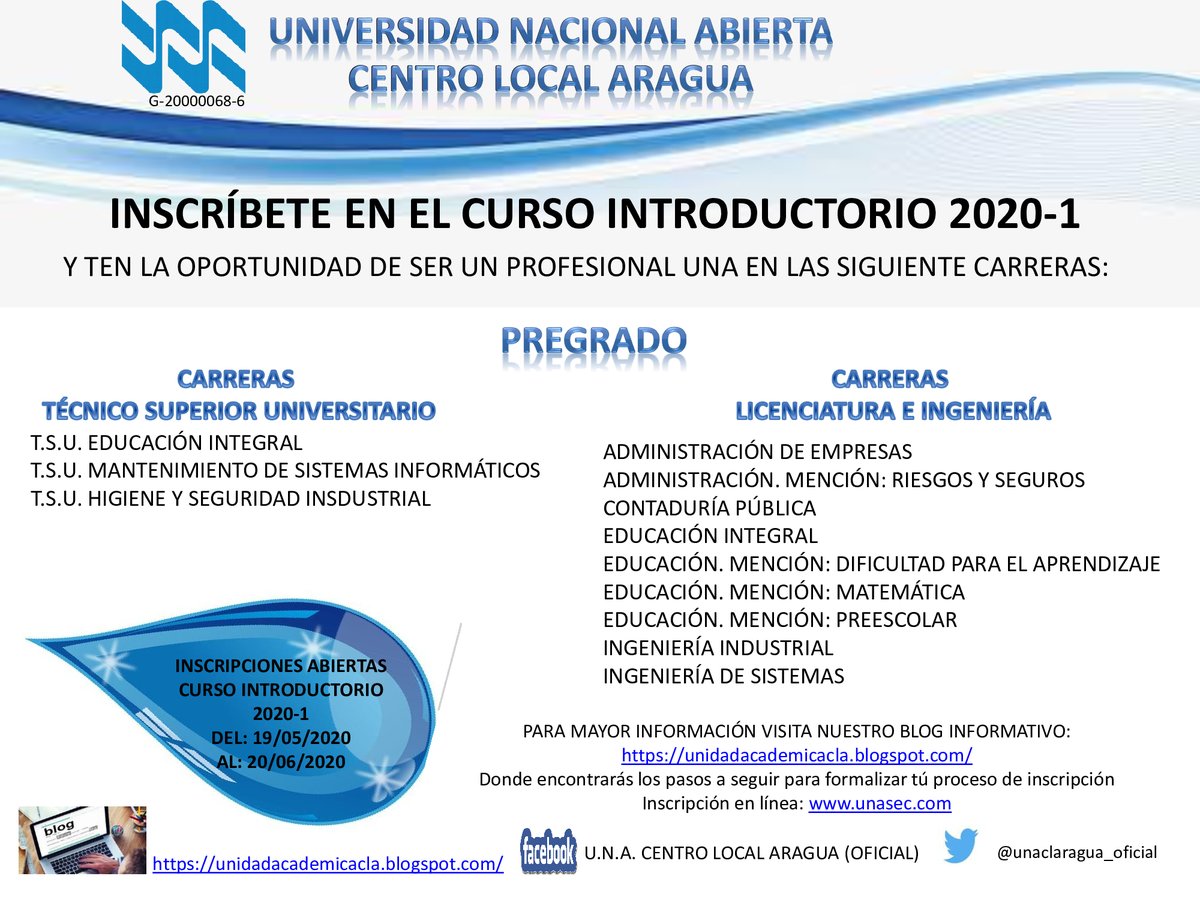 Servicios al Estudiante, informa a toda la colectividad que la #UniversidadNacionalAbierta próximamente iniciará las inscripciones para los aspirantes al Curso Introductorio 2020-1. Accede: unasec.com y lee el instructivo anexo.
¡Te esperamos!