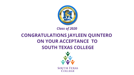 CCastro77609917's tweet photo. Congratulations to Jayleen Quintero on her acceptance to South Texas College!!! 
@Pride_Mustangs @ramjrcastillo @BeccaBechtold @ylcaldwell https://t.co/qVtsNoXjoV