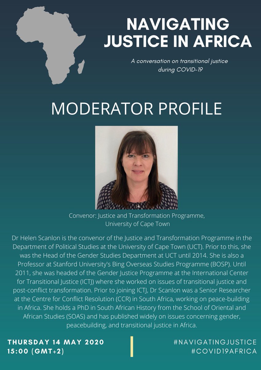 Bongi_ndi's tweet photo. The moderator, Dr @HelenscanlonZA is a seasoned transitional justice expert. Formerly @theICTJ, she is the current convenor of the Justice and Transformation Programme @UCTpostgrads @UCT_news 

#NavigatingJustice
#COVID19Africa

Register at: https://t.co/yrP02zvfwY https://t.co/5YvwihV2Zt