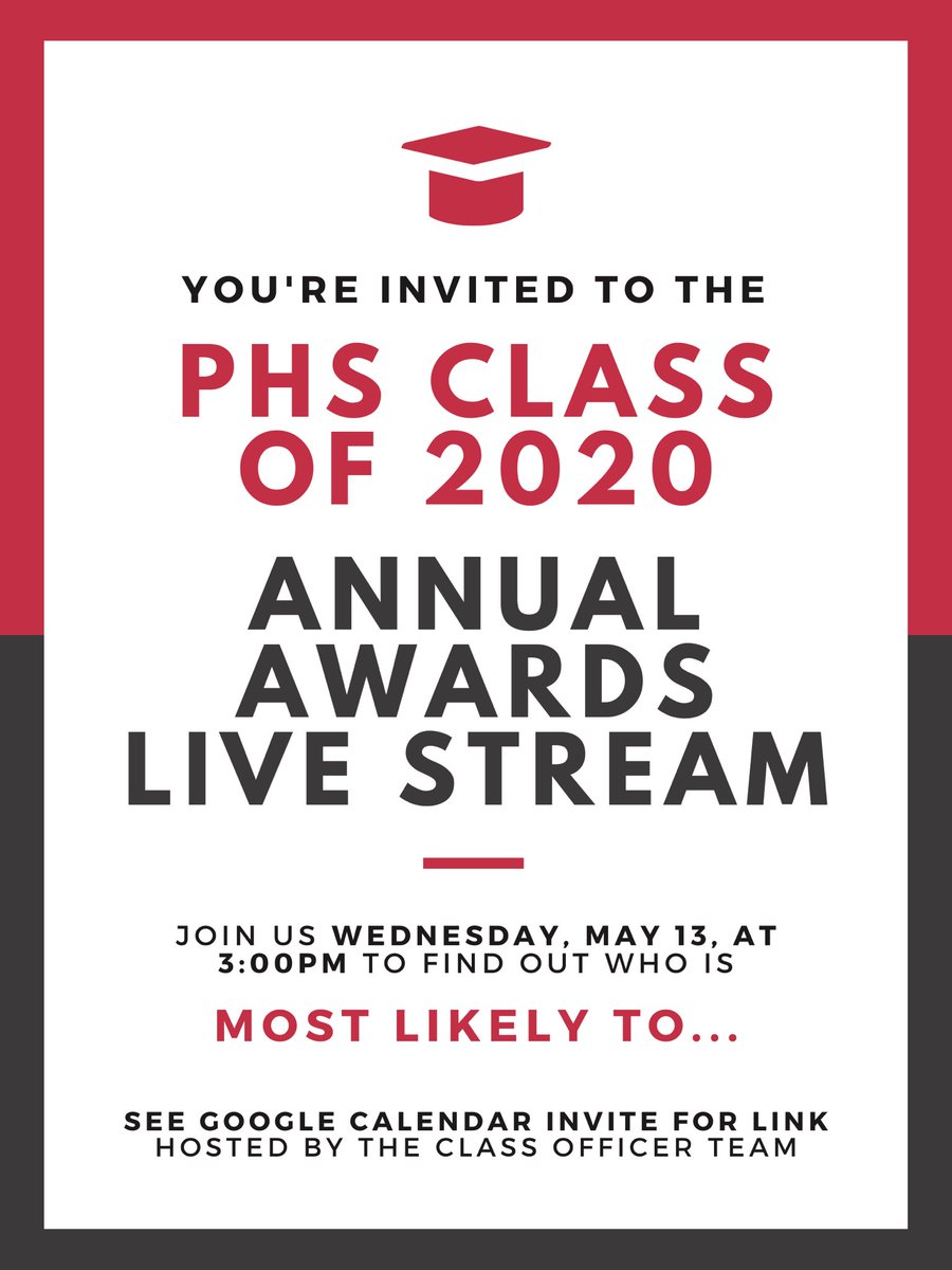 Pulaski2020's tweet photo. Seniors and staff: you’re invited to the @PCSD_PHS Class of 2020 Annual Awards Live Stream! Tune in on Wednesday, May 13, at 3:00 to find out which seniors are “most likely to....” See the corresponding email or Google Calendar invite for the link. https://t.co/XoePU5vGAi