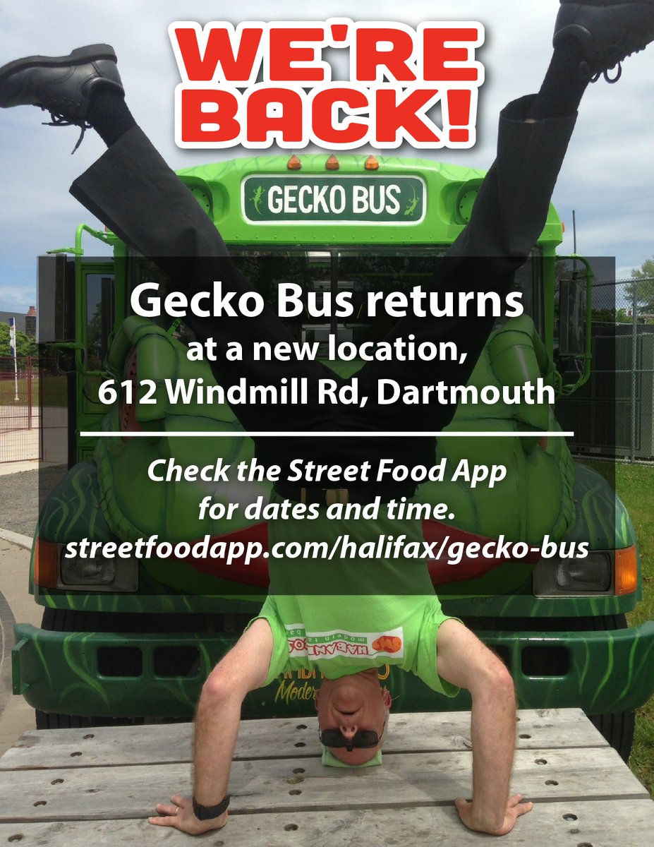 GeckoBus's tweet photo. Oh boy it's been a long winter, & we're itching to see your smiling faces!
Find us at our new location, 612 Windmill Rd, Dartmouth in front of @UpstreetBBQBrew. Our first day is Wed 13 May.
Find future dates and times on @StreetFoodApp
https://t.co/g4E4SQ0pWh
#geckobus https://t.co/yX53Y7lLNr