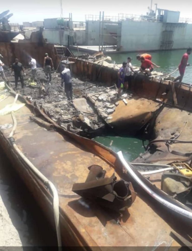 New picture of the Iranian tender ship hit by friendly AshM. The level of damage shows it was tugged soon otherwise it would have sunk at the hit site.