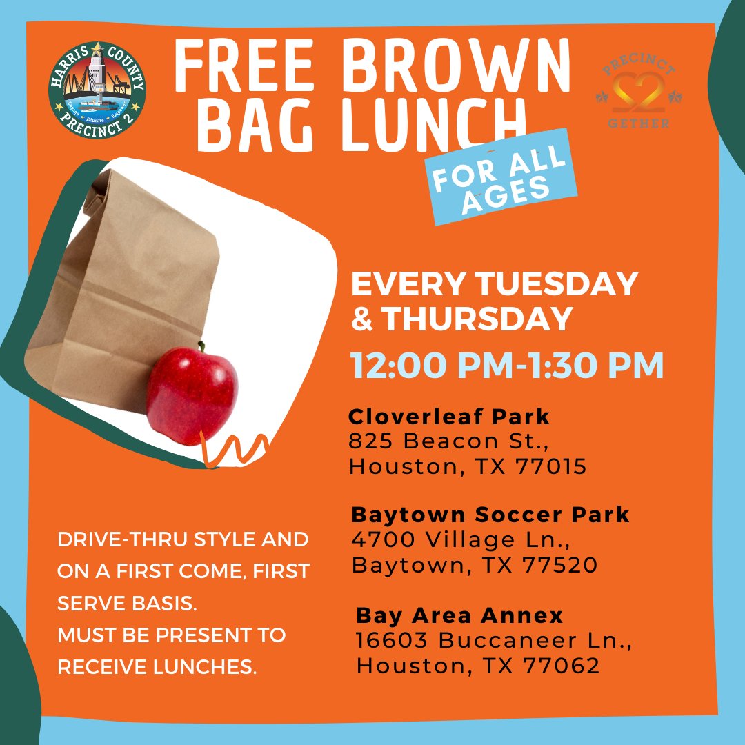 HarrisCoPct2's tweet photo. TOMORROW: Two Precinct 2 parks and the Bay Area Annex will have #FreeBrownBagLunches available for YOU. We will have this every Tuesday & Thursday, from noon until supplies last. #Pct2Meals4all #FreeLunches #Pct2Parks https://t.co/eLGghrVlbR