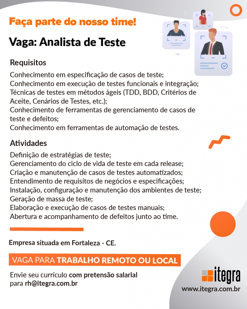 ItegraOnLine's tweet image. Vaga em nosso time!!
⠀⠀
Se você tem iniciativa, adora desafios e trabalha bem em grupo, essa é uma ótima oportunidade!⠀⠀
⠀⠀
#analistadetestes #job #empregos #vaga #vagasdeemprego #java  #fortaleza #vagastifortaleza #vagasti #goitegra