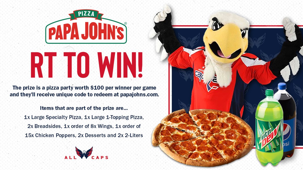 Capitals's tweet photo. RT TO WIN!

In honor of tonight’s replay of the 2015 Winter Classic, @PapaJohns_DMV is giving away a $100 pizza party! 

Rules &amp; Regs: https://t.co/VMODxbcXRi https://t.co/INk1p416zr
