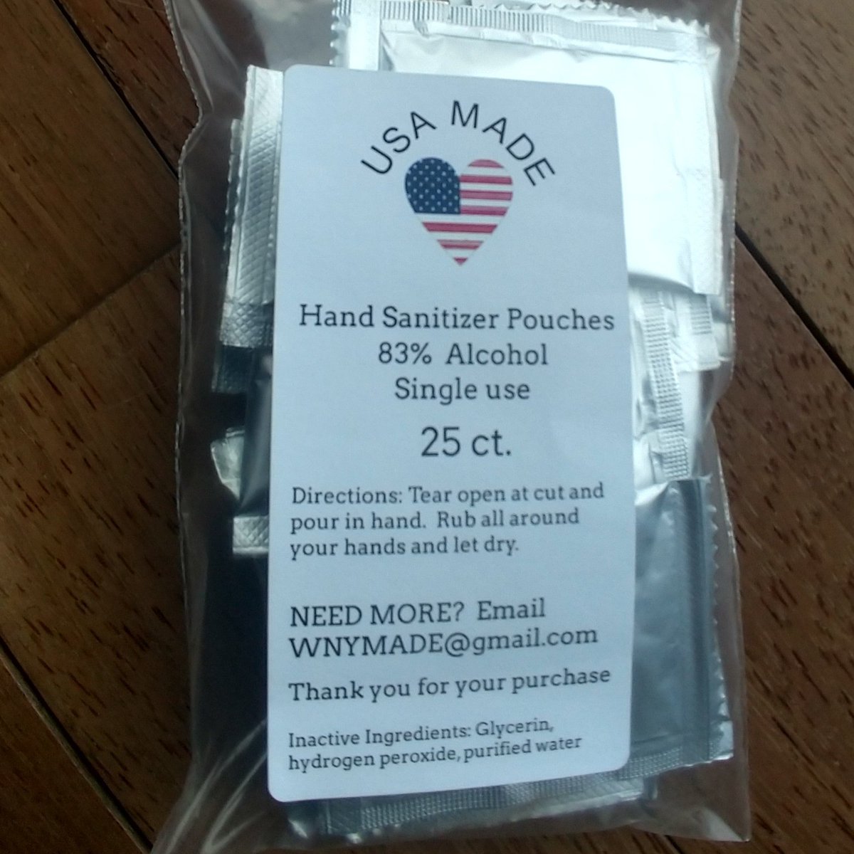 USAnitize's tweet photo. Who needs sanitizer? Personal single-use hand sanitizer pouches are available! 83% Alcohol. 25ct only $5.00, 75ct only $12.50, 250ct only $30.00! Wholesale prices also available! Call Brian at (716) 406-8281 #usa #usamade #sanitize https://t.co/fgH2RGn2yp