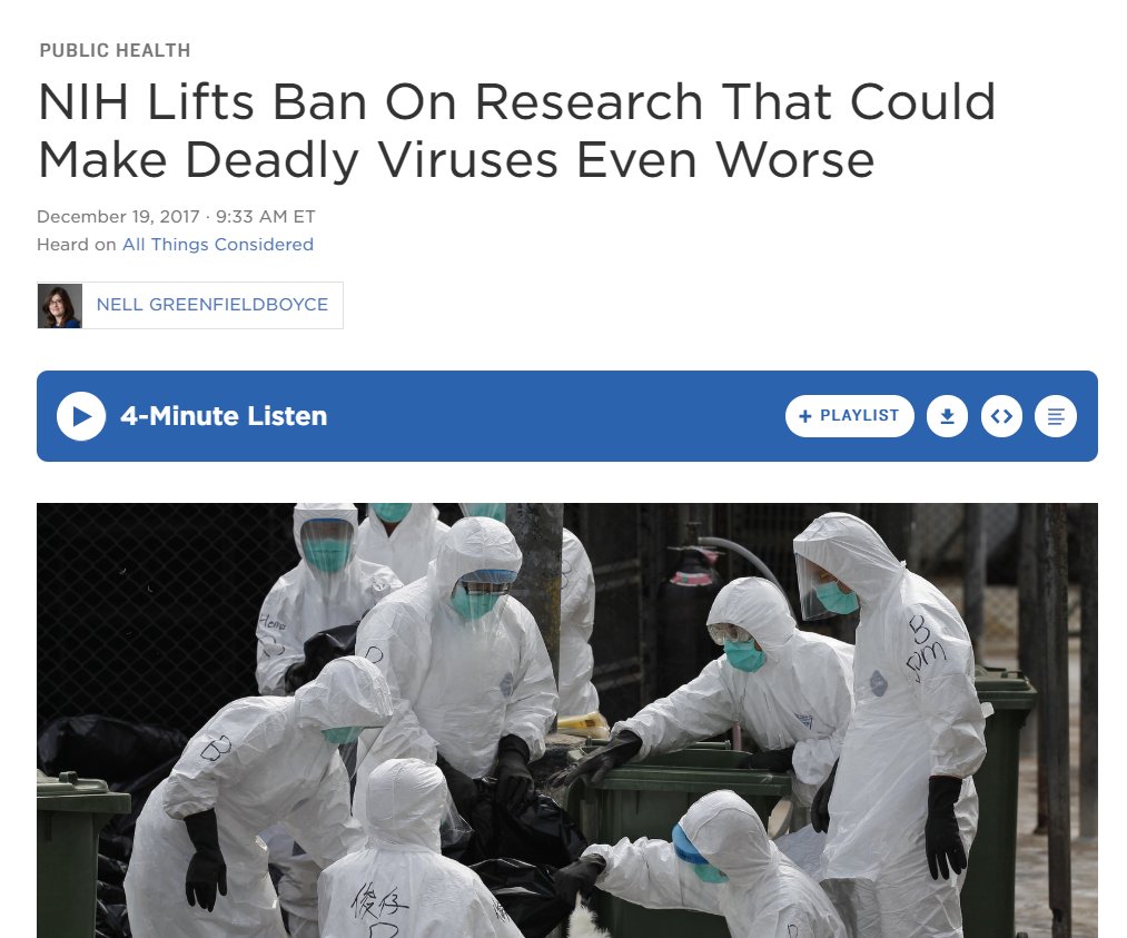 Of course  @RevDrDickMove missed his chance to blame Trump for lifting the ban in December 2017, when the temporary ban was lifted for work that NIH & NAS determined was worth the increased risk.  https://www.npr.org/sections/health-shots/2017/12/19/571744856/nih-lifts-ban-on-research-that-could-make-deadly-viruses-stronger