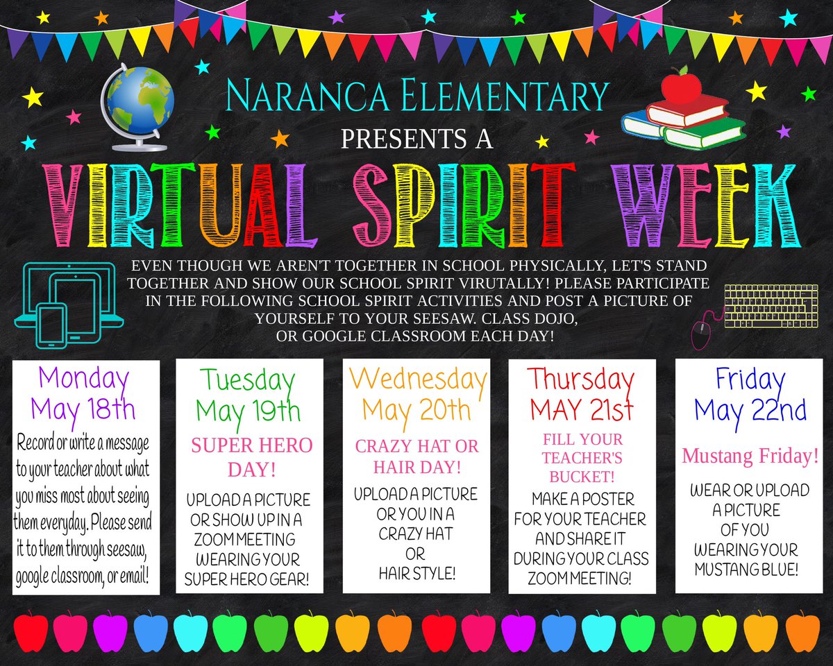 NarancaMustangs's tweet photo. So excited to announce @NarancaMustangs first “Virtual Spirit Week” next week, May 18th-22nd! Get ready to show your teacher some love and let out your school spirit! @CajonValleyUSD https://t.co/lWyrlS2jbv