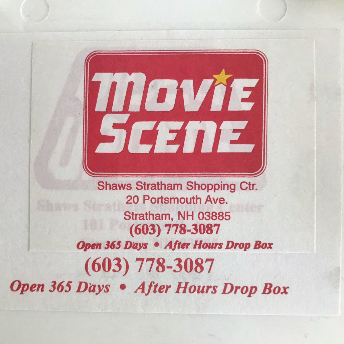 StuckOnVHS's tweet photo. Movie Scene takes over Video Update in Stratham, NH... but not at the same address? 101 to 20? The stories these stickers tell. https://t.co/bsDKnTqdBy