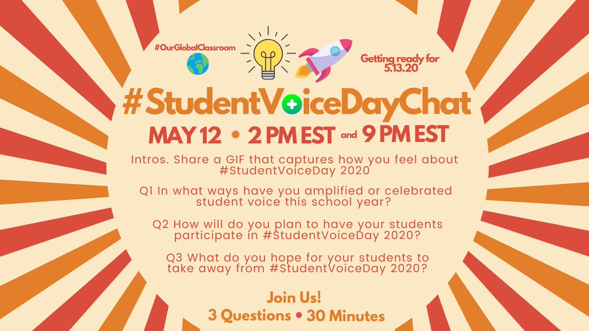 m_drez's tweet photo. 3 Qs. 30 Minutes. Tuesday, May 12 as we get ready to amplify and celebrate on Wednesday, May 13 throughout the day. Qs at :04/:11/:18/:25 on the hour. 

We know you are busy so we're chatting twice in hopes that we catch you once! Join #StudentVoiceDayChat at either 2 PM or 9 PM. https://t.co/ULNvt2aANG
