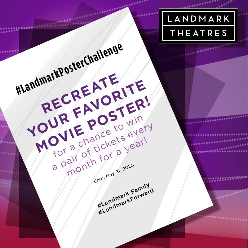 LandmarkLTC's tweet photo. Recreate your favorite movie poster and tag us with #LandmarkPosterChallenge for a chance to win 24 movie tickets!
Deadline is 5/31/20. Winner will be selected on 6/1/20 and shared shortly thereafter. #LandmarkFamily #LandmarkForward #LandmarkPosterChallenge https://t.co/delrRZoHA3