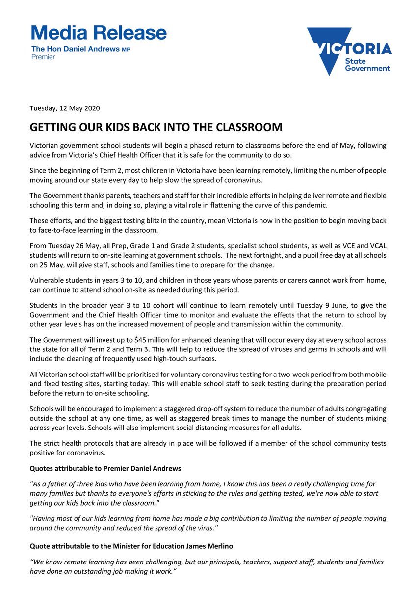 taragaire's tweet photo. Victorian schools will reopen face to face learning in two weeks time. 
On May 25 there will be a pupil-free day and the following day - May 26 - classes will resume for Prep, Grade 1, Grade 2, Year 11 and Year 12.

From 9 June, all other students will return to school. https://t.co/NkMbJ4ax5U