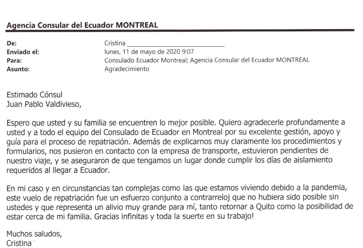 Con mucho gusto @ConsMontrealEC  apoyó el proceso de retorno al Ecuador de una compatriota. Ella ha tenido a bien enviarnos una comunicación que publicamos a continuación.#DiplomaciaComprometida