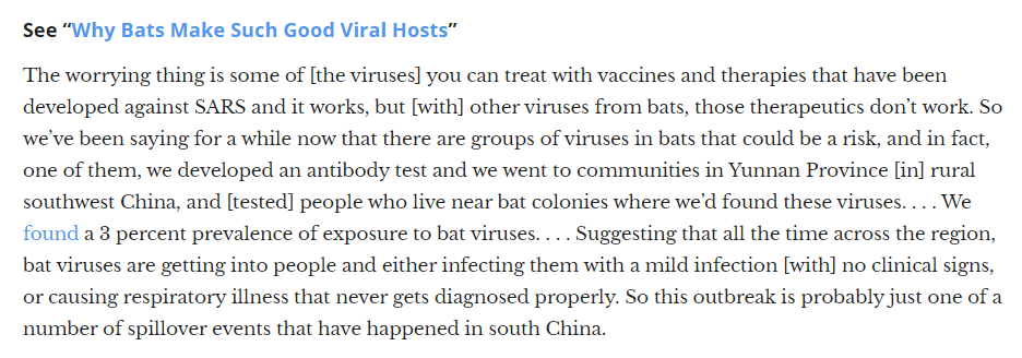 So what kind of virus "gain-in-function" work was Dr. Daszak doing that NIH now thinks is too risky.Would you believe his work is with bat corona viruses in China?Why would NIH think the risk of a bat corona virus evolved in lab to study it higher?  https://www.the-scientist.com/news-opinion/where-coronaviruses-come-from-67011