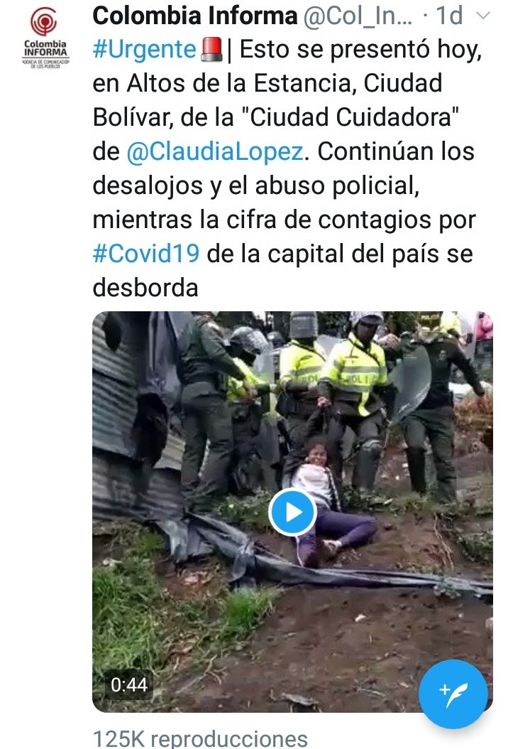 Col_Informa's tweet photo. [#ColombiaInforma🔥] El sábado publicamos este video, que vieron y difundieron muchas personas. El día de ayer impidieron que prensa, incluidos dos de nuestros colaboradores cubrieran desalojos en Ciudad Bolívar. https://t.co/FFrLKRCmpW