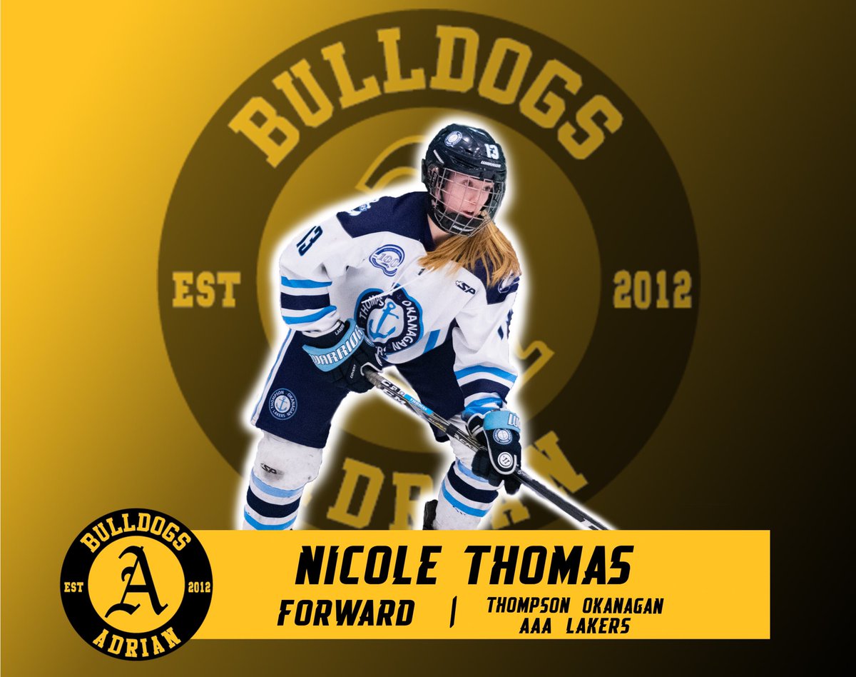 AdrianWD1Hockey's tweet photo. Welcoming Nicole Thomas in her commitment for the 2020-2021 season! Nicole is a forward from Kamloops, British Columbia and plays for the Thompson Okanagan AAA Lakers! Excited to welcome you into the Bulldog Family Nicole! https://t.co/VpSZNqWAd7