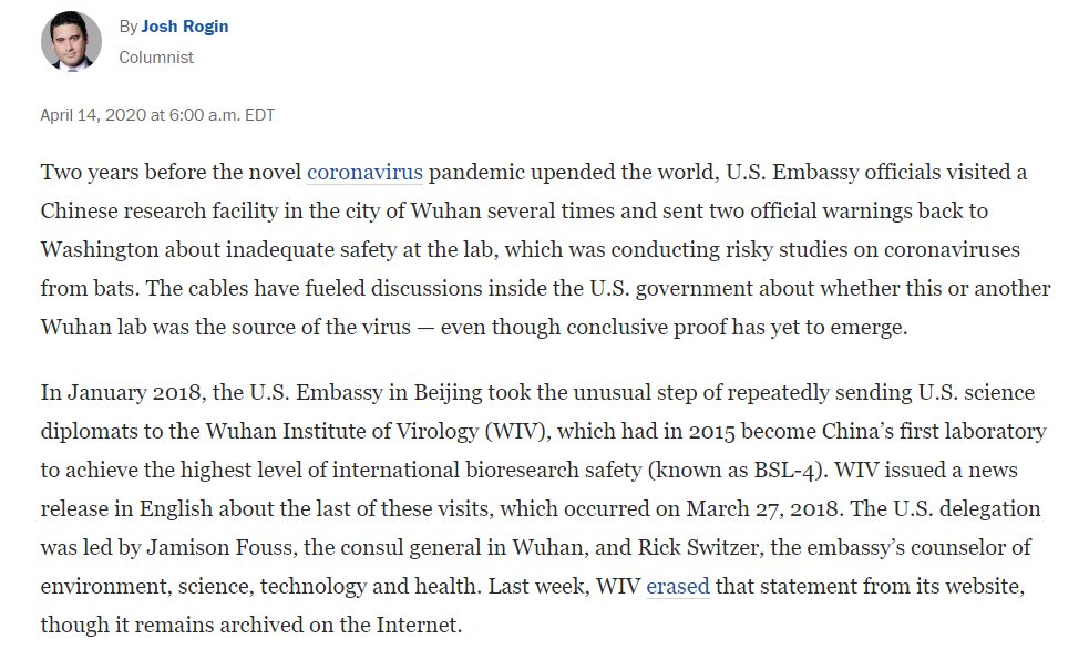 The problem is the Wuhan Institute of Virology was not living up to it's safety standards. In 2018, the US State Department issued warnings about the lab, especially it's work on bat corona viruses which is likely the project in collaboration with Dr. Daszak.