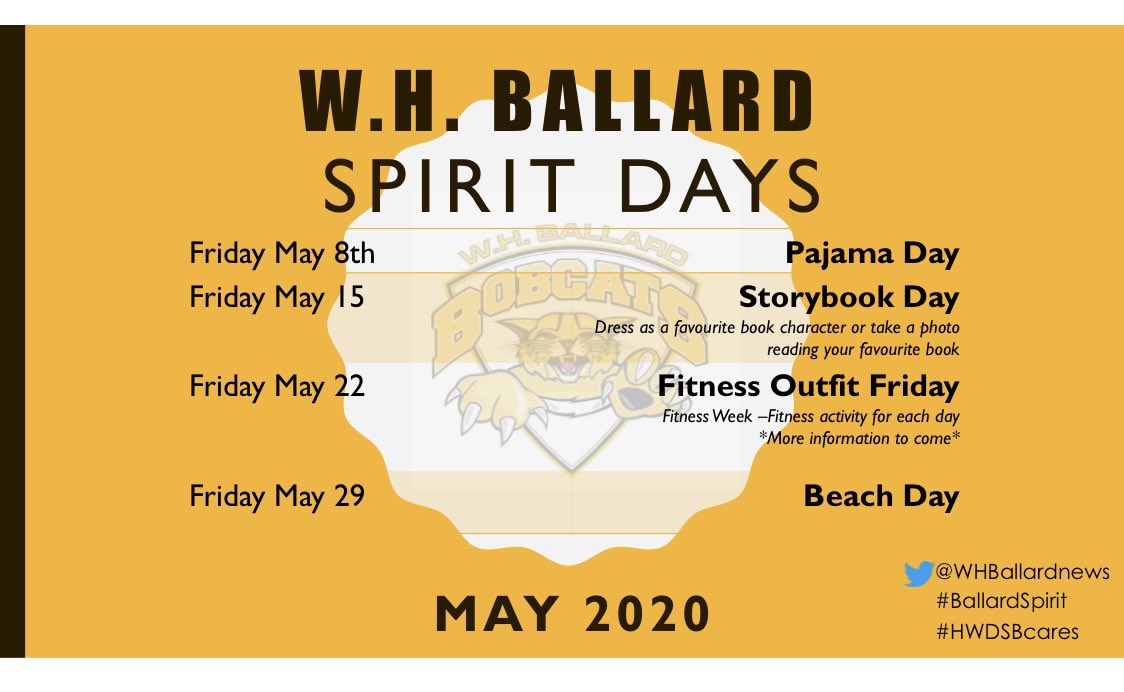 Here is our list of May Spirit Days Bobcats!  Let’s have fun on Fridays - spread the word 👍🏻