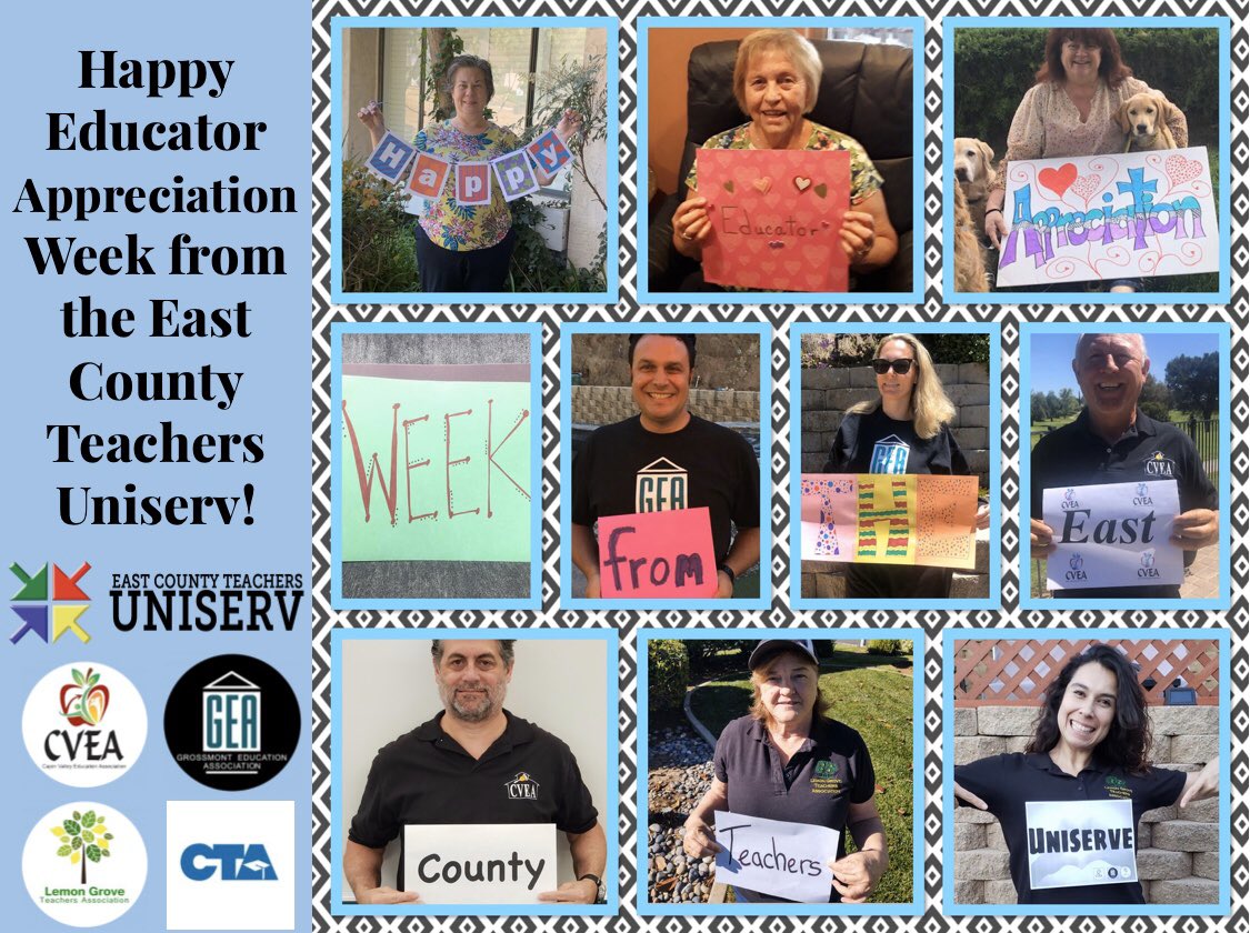 GrossmontEA's tweet photo. Happy Educator Appreciation Week from the East County Teachers UniServ! 🍏🍎🍏 
We are planning on holding our celebration social in the fall and thank you for all that you do! 📚✏️ #WeAreGEA #WeAreCTA @cvea1 @LGTAteacher @Roberto63 https://t.co/NZZTPPaVAP