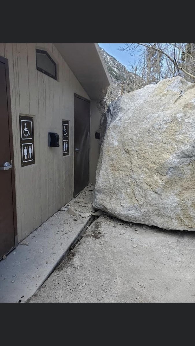 Someone said a rock rolled down the hill and hit a bathroom we operate and suggested we might not be able to open it. I thought the latter was an overreaction until I saw the "rock"