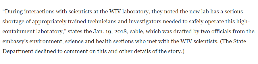 Untrained personnel working with bat corona viruses & posing a risk of a release of a version that had gained functions during research to make it more contagious & more deadly. Note the virus they are worried about were the same virus Dr. Daszak mentioned in the Science article!