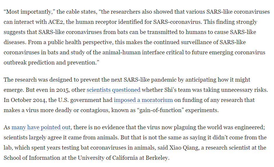 So Dr. Daszak lost funding from NIH for "gain-of-function" research on bat corona viruses in a lab that had weak protocols to prevent the accidental escape of a pathogen.The very research that may be behind this pandemic or the next one...