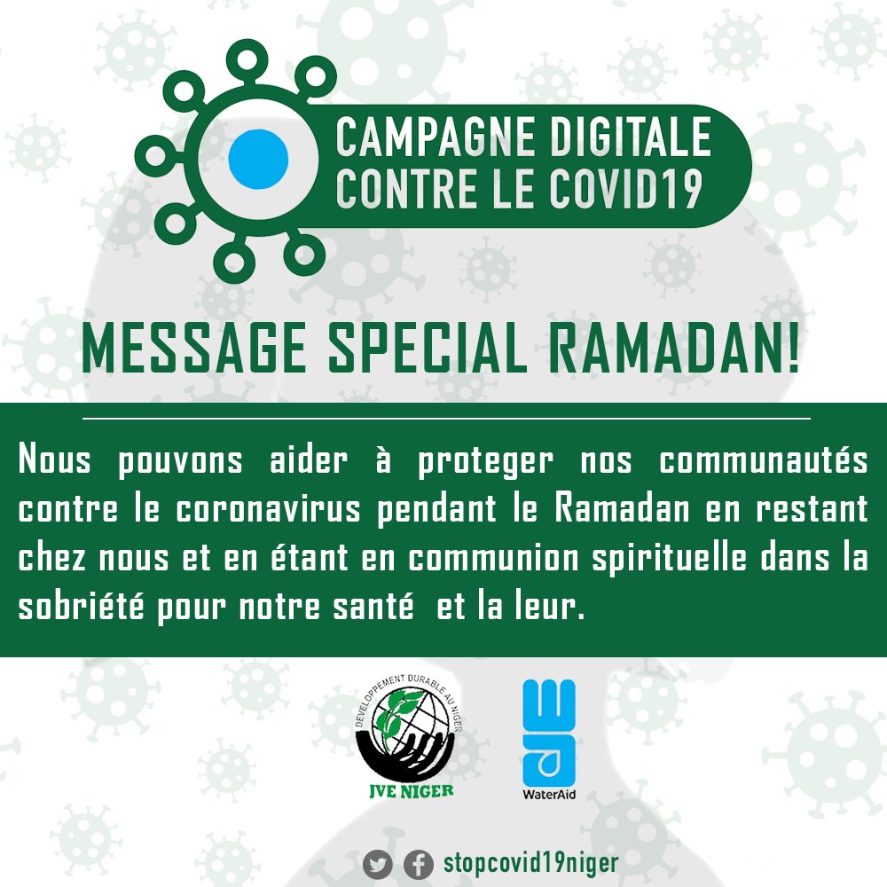 LutteCovid's tweet photo. #MessageSpécialRamadan.
Même pendant ce mois béni suivons les consignes barrières afin de nous protéger du #Covid19.
#StopCovid19Niger
Cc @jveniger  @WaterAid @Unicefniger @Scoutsduniger @saniayoub @Awal_312 @MoussaHassanOu1 @Alfari227 https://t.co/h2Gagdat1V