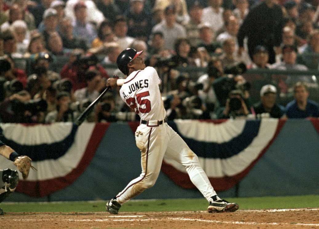 PaulByrd36's tweet photo. Andruw Jones was called up at 19 years old on August 15, 1996 while the #Braves were in Philly. He was about to walk in the clubhouse in shorts when Eddie Perez took him aside and gave him a suit. 10 Gold Gloves and 434 Home Runs later Eddie is still waiting to get the suit back. https://t.co/40L6AuBKTS