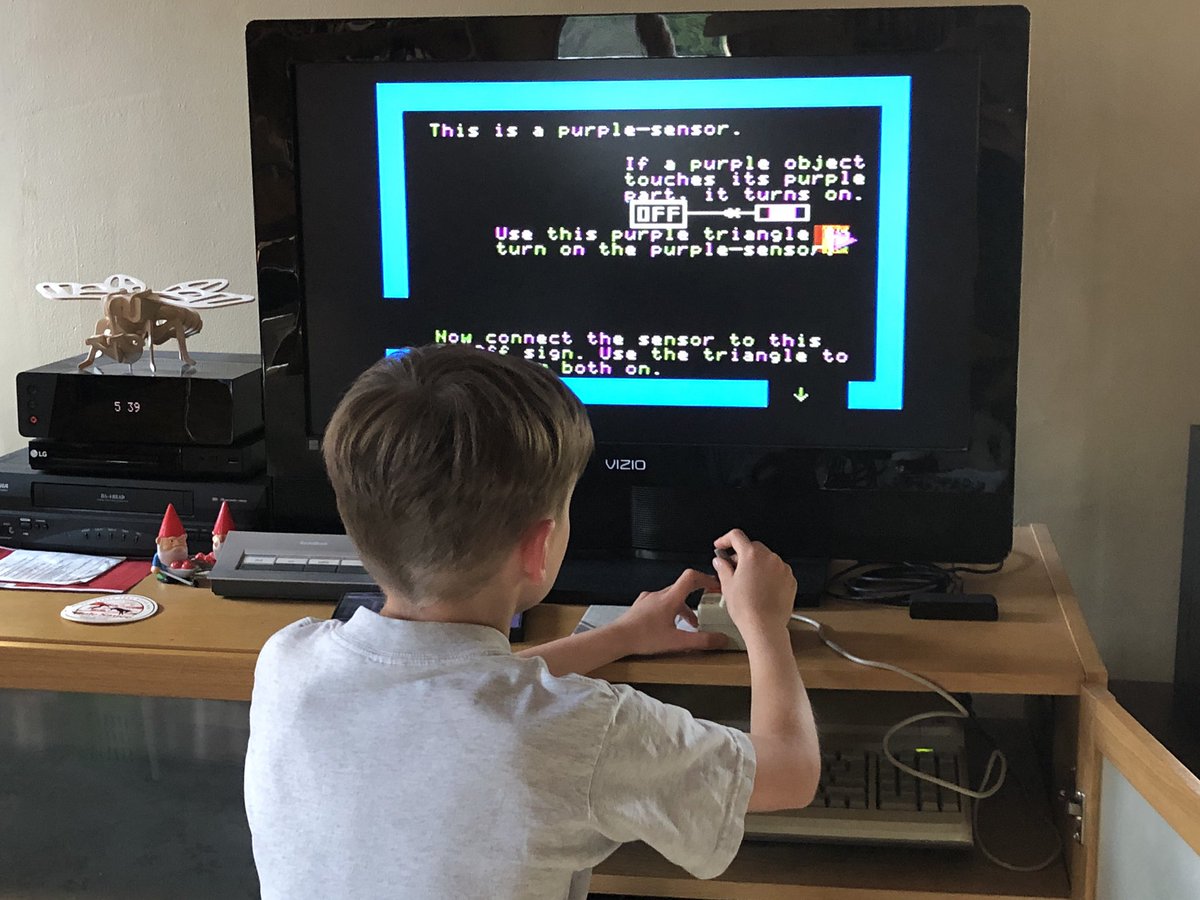 joshburker's tweet photo. I started my son on “Rocky’s Boots” on the #AppleII today: he is learning about And, Or, and Not gates. no Apple //e at home? No problem: https://t.co/g6KWbXDq6j #makered #circuits #machines https://t.co/E4eJfqYZFG