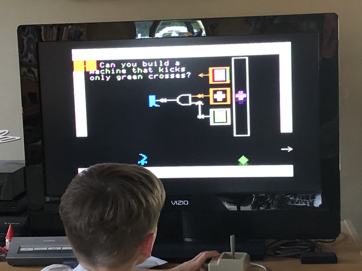 joshburker's tweet photo. I started my son on “Rocky’s Boots” on the #AppleII today: he is learning about And, Or, and Not gates. no Apple //e at home? No problem: https://t.co/g6KWbXDq6j #makered #circuits #machines https://t.co/E4eJfqYZFG