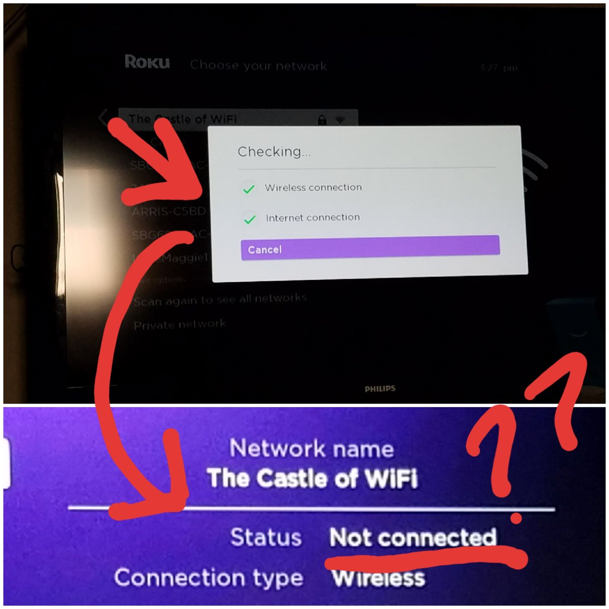 ducky7937's tweet photo. Getting increasingly frustrated @RokuSupport...
-Set-up connection
-Connects
-Says "Not Connected"
-IS ACTUALLY connected because I can access things like Netflix.
-Because it's "Not Connected," will not work with new Echo Dot.
-Yes, I've tried turning it off and on again. https://t.co/RhpQ8KZsTj