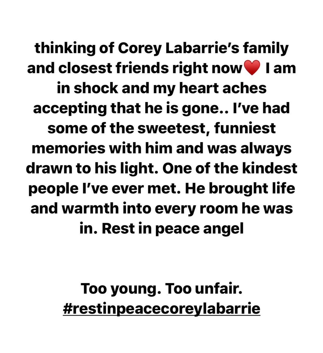 ClaudiaSulewski's tweet photo. heart is so heavy today♥️ #RestInPeaceCoreyLaBarrie https://t.co/QvTMyN5S3Y