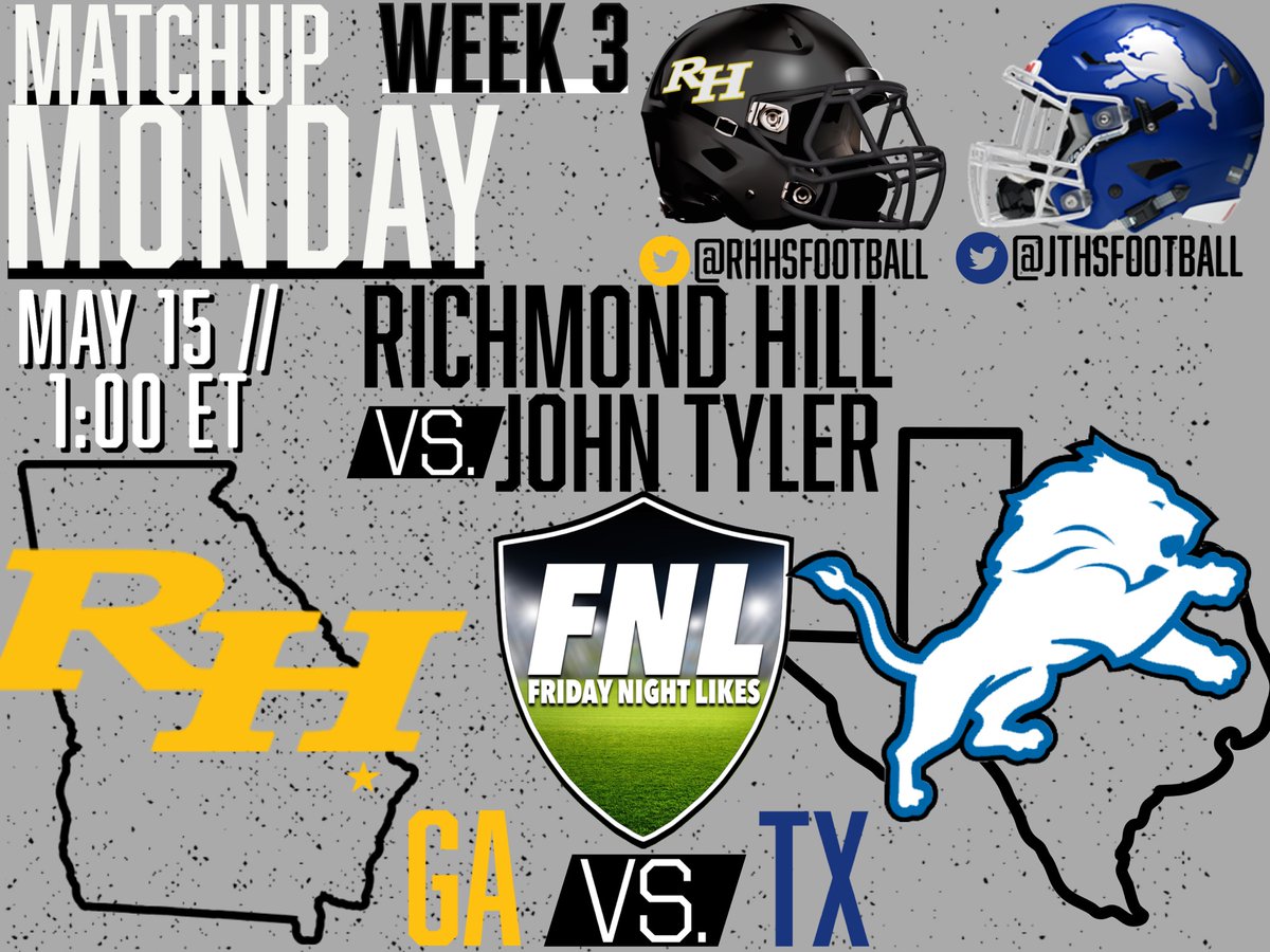 Richmond Hill FB (@rhhsfootball) on Twitter photo Big time match up this Friday at 1pm et/12 ct on Friday as <a href="/RHHSFootball/">Richmond Hill FB</a> and @JTHSFootball compete in #FridayNightLights were going to need to whole state to help us show some Georgia Pride is this #GAvsTX showdown! #BTH #PROVEit Big time match up this Friday at 1pm et/12 ct on Friday as <a href="/RHHSFootball/">Richmond Hill FB</a> and @JTHSFootball compete in #FridayNightLights were going to need to whole state to help us show some Georgia Pride is this #GAvsTX showdown! #BTH #PROVEit