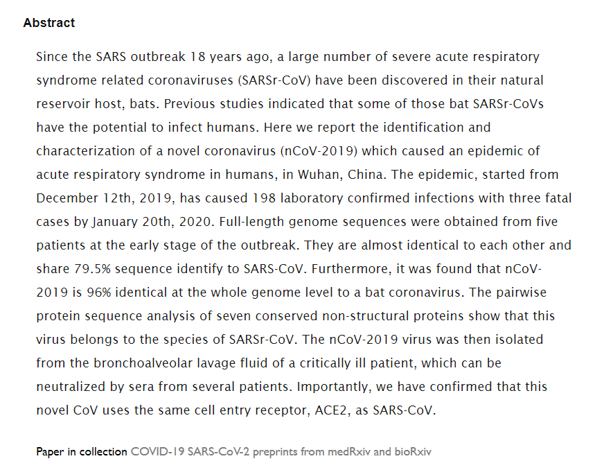 In fact, Dr. Shi is one of he collaborators with Dr. Daszak & was one of the Wuhan Institute of Virology scientists that sequenced the genome of the COVID-19 corona virus. Seems it shared 96% of it's genome with one of their samples that they worked on... https://www.biorxiv.org/content/10.1101/2020.01.22.914952v2