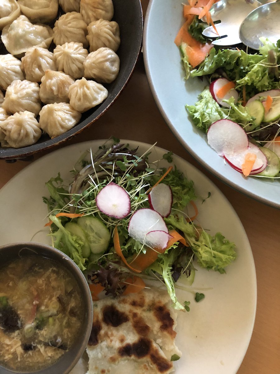 Fueled up the fam w/homemade scallion pancakes, precious hot and sour soup from frozen lunar new year stash, beautiful salad greens from local Peoples Market CSA, dumplings gifted from  @CaraCaddoo. Ready for  #AsianAmPBS!