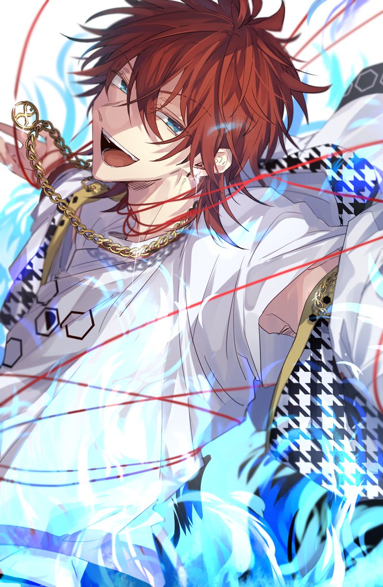 1boy male focus blue eyes solo jewelry red hair open mouth  illustration images