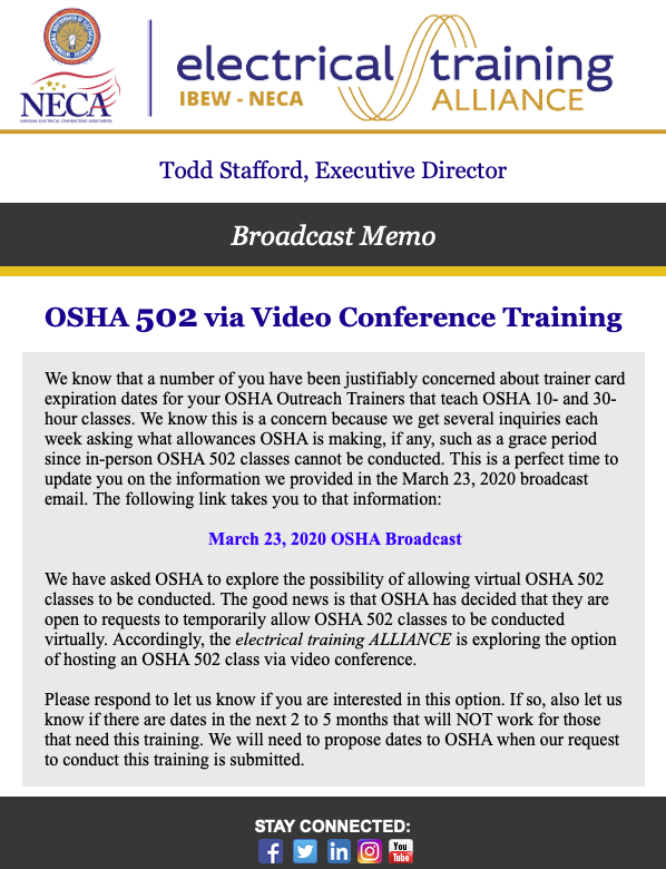 IBEWNECAetA's tweet photo. We know you have questions about how to keep OSHA trainer cards current while we cannot host in-person classes. Our latest Memo has more details on OSHA 502 virtual training. #etATraining #GettingThruThisTogether https://t.co/qMcy5YJw5N
