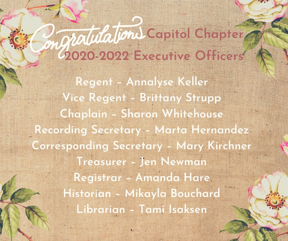 DARCapitol's tweet photo. Congratulations to new the 2020-2022 Capitol Chapter Executive Board! May you be granted wisdom and understanding and the desire to serve with unfailing loyalty. #TodaysDAR https://t.co/gBBikgW793
