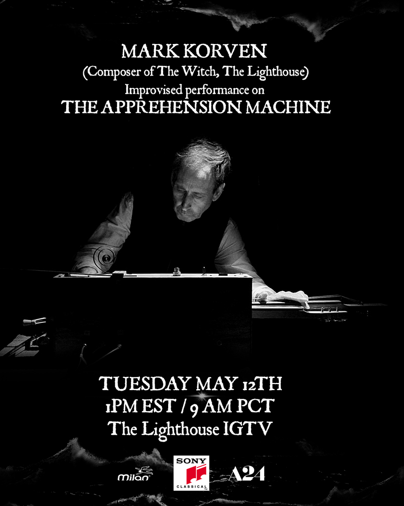 Tomorrow tune in on #TheLighthouse IGTV at 1pm ET / 9 am PT for a recorded and improvised performance by composer Mark Korven (The Witch) on his Apprehension Machine! 
instagram.com/lighthousemovi…
<a href="/A24/">A24</a> <a href="/SacredBones/">Sacred Bones Records</a>