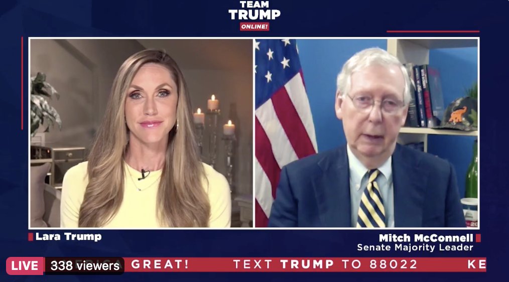 Tonight's Team Trump Livestream features Senate Majority Leader Mitch McConnell who, talking COVID-19, tells Lara Trump, "clearly the Obama administration did not leave to this administration, any kind of game plan for something like this."