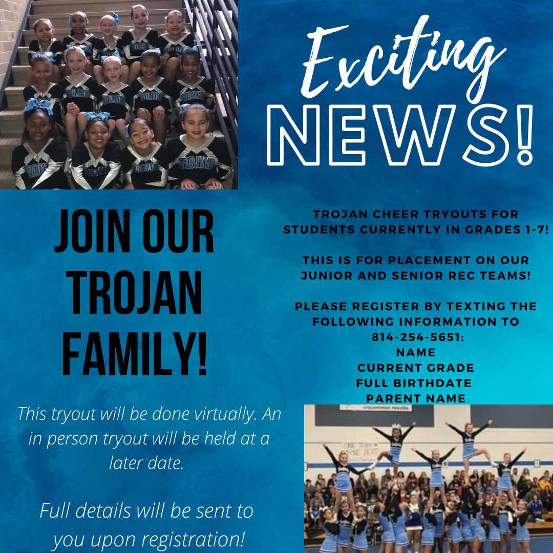 JohnstownCheer's tweet photo. The moment SO MANY of you have been waiting for is here!! BEYOND EXCITED to announce tryouts for our Junior and Senior Rec teams! 💙🖤💙
COME JOIN OUR AMAZING TROJAN CHEER FAMILY!!

#trojanson2familyon4 https://t.co/u7gGKAcbN7