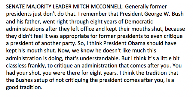 Mitch McConnell hits Barack Obama over comments that the Trump admin's COVID-19 response has been a "chaotic disaster," says "I think President Obama should have kept his mouth shut...I think it's a little bit classless frankly, to critique an administration that comes after you"