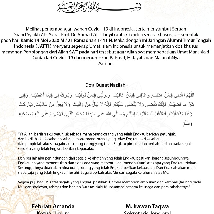 jatti_official's tweet photo. Jaringan Alumni Timur Tengah Indonesia, Mengajak Ummat Islam Imdonesia Untuk Berdoa Bersama tgl 14 Mei 2020 https://t.co/rB76TRJ6pF