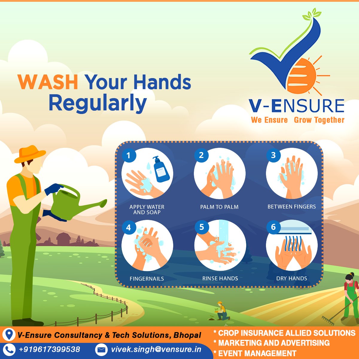 ensure_v's tweet photo. V_ensure appeals to people to wash their hands with soap and #sanitizer thoroughly to #protect them.

Email Id: vivek.singh@vensure.in
Call: +919617399538
Location: Bhopal

#WashYourHands #Cleanhands  #Cropinsurancealliedsolutions #MarketingAdvertising #EventManagement https://t.co/5HlJgcgh9a
