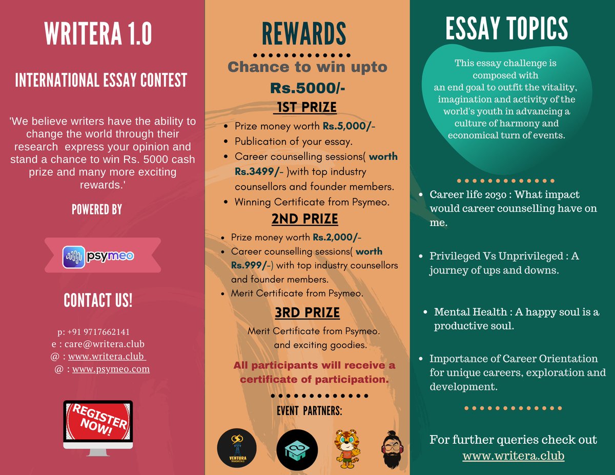 psymeo's tweet image. #psymeo presents Writera 1.0 
An International #essay #Contest for all #college #Students  &amp;amp; #professionals.
#Win really exciting #prizes.

Register now!

Please visit our event website for furtger details: writera.club