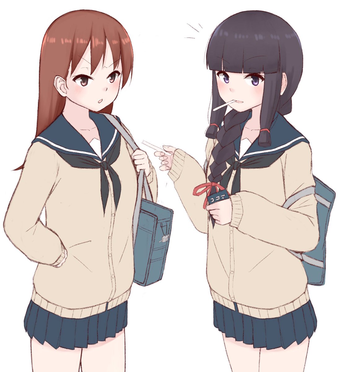 kitakami (kancolle) ,ooi (kancolle) multiple girls 2girls brown hair long hair braid school uniform black hair  illustration images