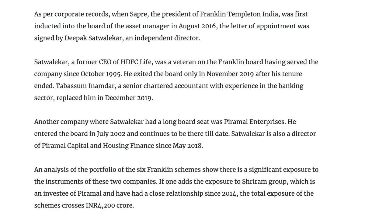 SachinGupta_71's tweet photo. Piramal and Shriram group exposure
ExDirector of FT Satwalekar who sat on the board of FT MFs india also sits on board of Piramal. Piramal has also invested in Shriram group. Was there a conflict of interest in Satwalekar sitting on board of FT MF &amp; Piramal
#MutualFundSahiNahiHai https://t.co/DSA32tHqmN
