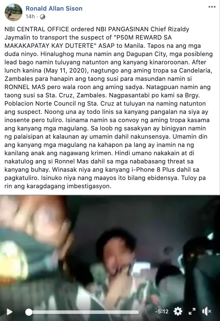 Particularly disturbing here is how an NBI agent took to Facebook to give regular updates of the arrest, even with investigation still ongoing. The agent posted a video of the suspect confessing and apologizing to Duterte while en route to the NBI office. He had no legal counsel.