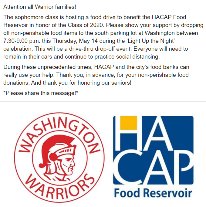 CWRCounseling's tweet photo. ❤️💙Food drive this Thursday from 7:30-9:00 pm in the south lot during "Light Up the Night"! Support @HACAP_ and honor @washclass2020 seniors! 💙❤️ #cWrPride https://t.co/aPlWXWFEn8