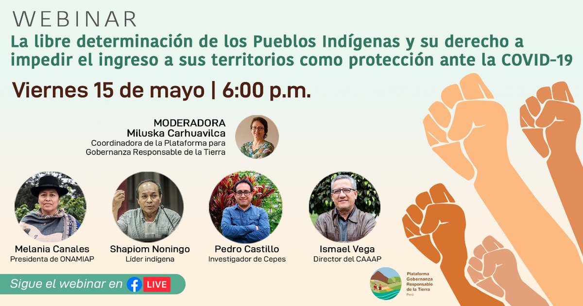 🚨#Webinar “La #LibreDeterminación de los #PueblosIndígenas y su derecho a impedir el ingreso a sus territorios como protección ante la #COVID19”
📆 Viernes 15  
🕕 6:00PM
💻 #FacebookLive 
☛ bit.ly/2YT4JcU